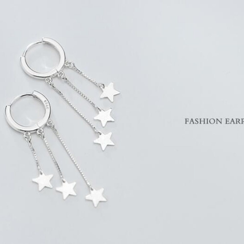 NEW 925 Sterling Silver Star Chain Drop Huggie Hoop Earrings - Picture 7 of 7